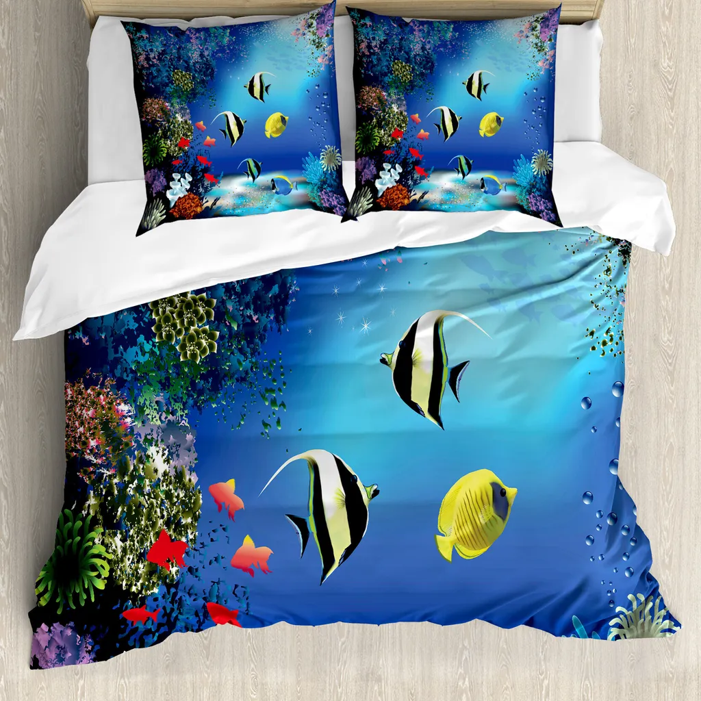 Set Di Biancheria Da Letto Tema Oceano 8 Pezzi - Piumone Matrimoniale Con Tartarughe E Cavallucci Marini - Microfibra Morbida, Blu Foglia Di Tè