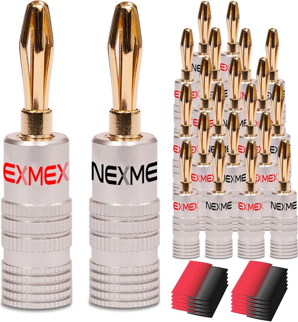 Bananenstecker NEXMEX 22x High End Stecker mit Schrumpfschlauch 24K vergoldet