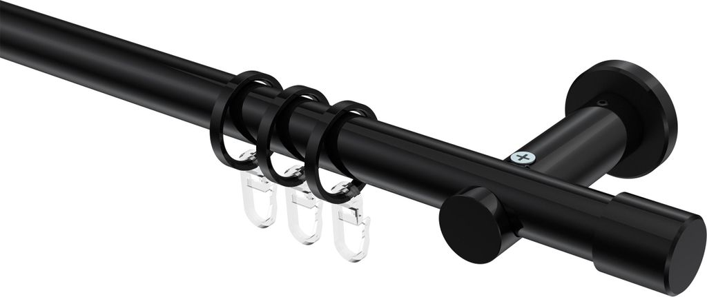 Interdeco Gardinenstange / Vorhangstange Schwarz, Typ Platon Santo (Kappe), 20 mm Ø 1-läufig, 140 cm