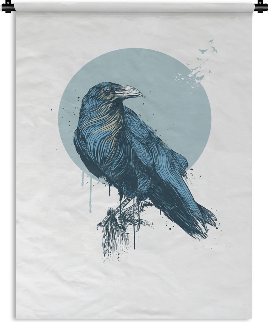 MuchoWow Wandteppich Wandbehang Krähe - Blau - Mond - Vögel 90x120 cm Tapisserie Dekoration Wandtuch - Wanddeko