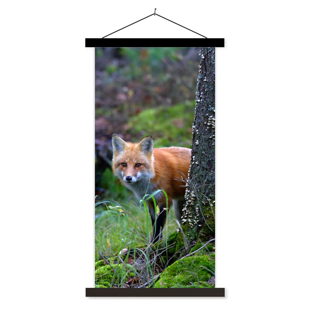 MuchoWow Textilposter Fuchs - Baum - Waldtier - Herbst 40x80 cm mit schwarzem Rahmen - Wandemalerei