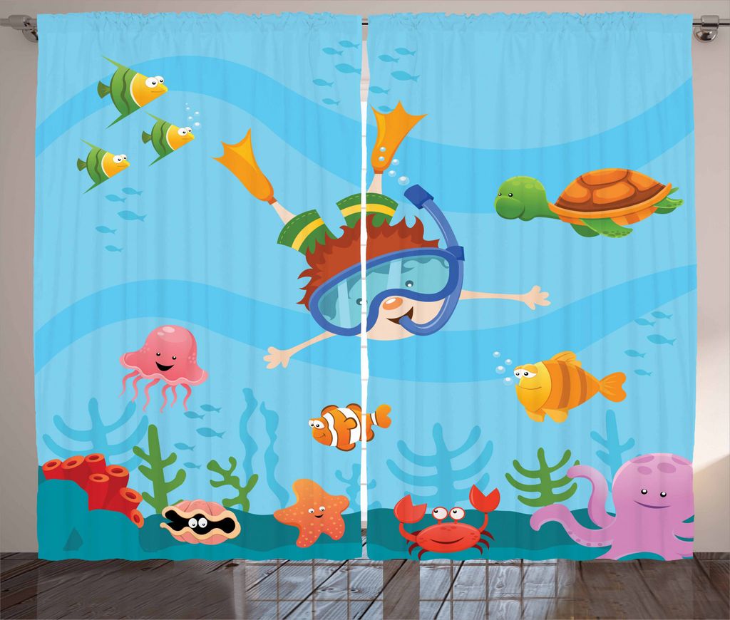 ABAKUHAUS Marine Rustikaler Vorhang, Karikatur-Junge, der zum Meer taucht, Wohnzimmer Universalband Gardinen mit Schlaufen und Haken, 280 x 225 cm,...