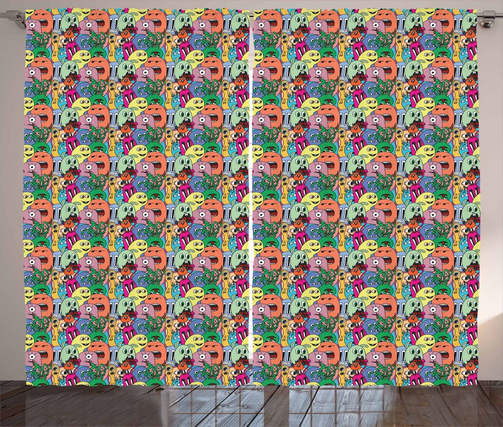 ABAKUHAUS Verrückt Rustikaler Vorhang, Cartoon Monster Childish, Wohnzimmer Universalband Gardinen mit Schlaufen und Haken, 280 x 245 cm, Mehrfarbig