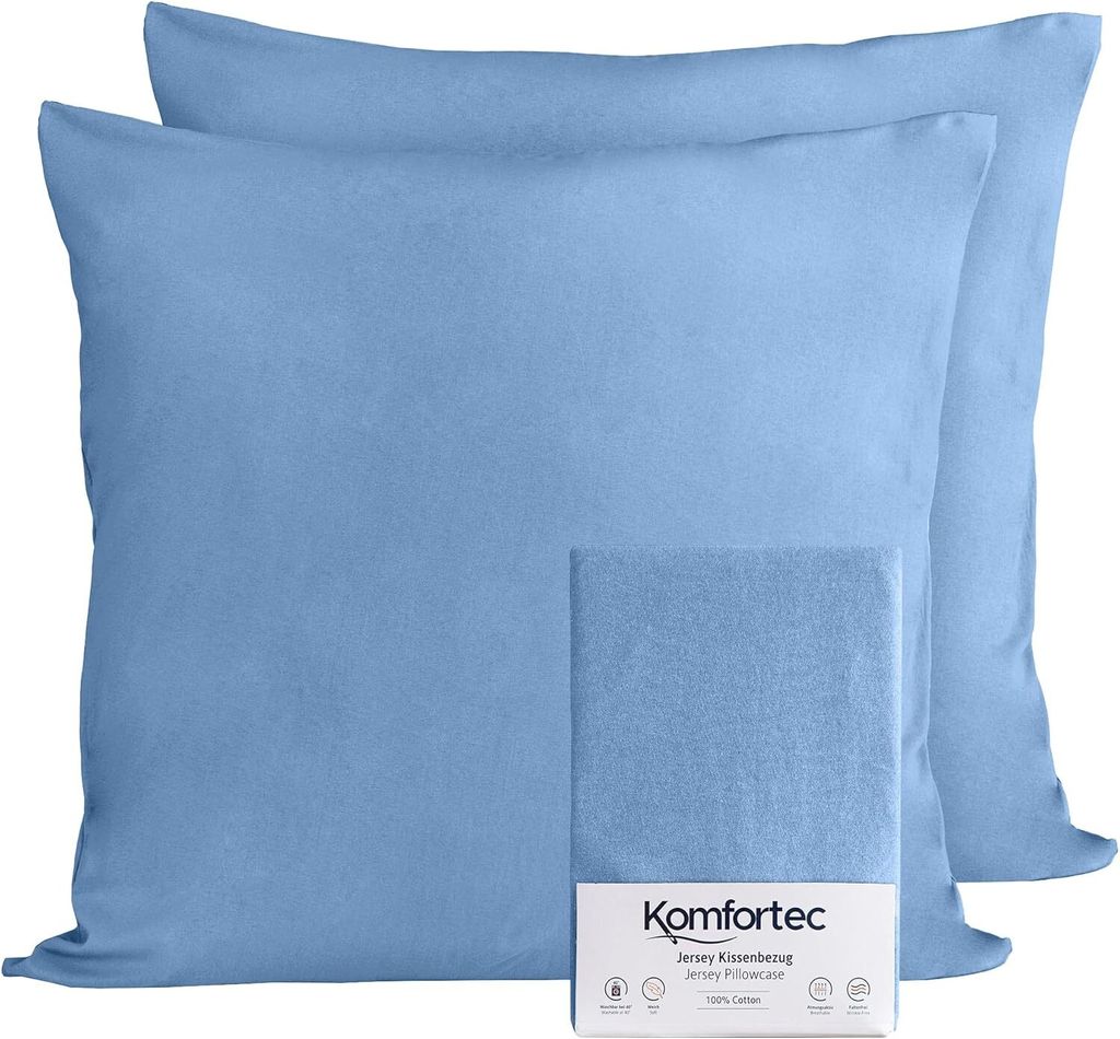 Komfortec 100% Baumwolle Kissenbezüge 2er Set 40x40 cm, Superweicher Premium Jersey Kopfkissenbezug 150 g/m², Kissenhülle, Hellblau