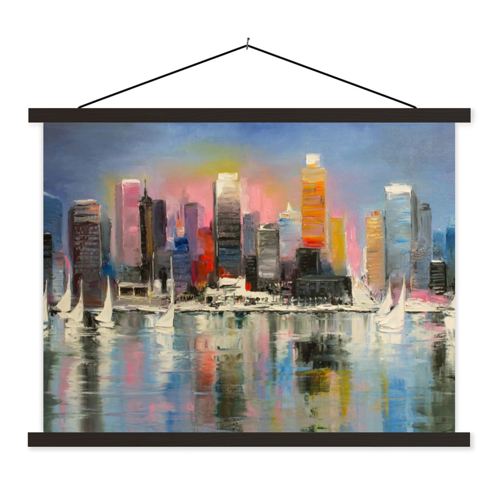 MuchoWow Textilposter Gemälde - Öl - Skyline - Wasser 150x113 cm mit schwarzem Rahmen - Wohnzimmer