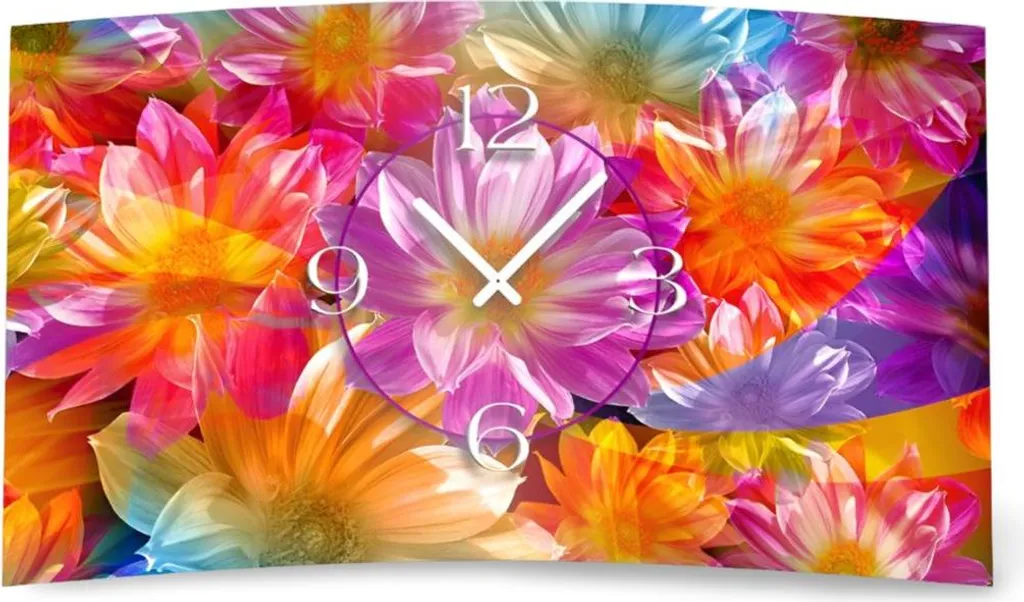 Grande horloge murale design silencieuse sans tictac fleurs multicolores