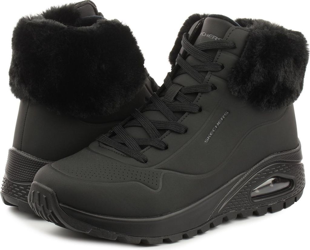 A pair of black SKECHERS boots with faux fur trim.