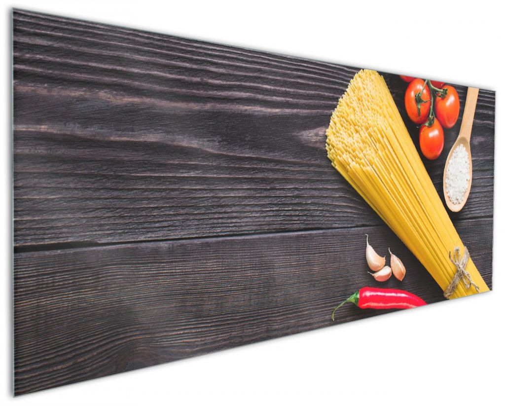 Wallario Küchenrückwand aus Glas, Größe: 125 x 50 cm, Motiv: Italienisches Menü mit Spaghetti, Tomaten, Salz und Chilischoten | Spritzschutz |...