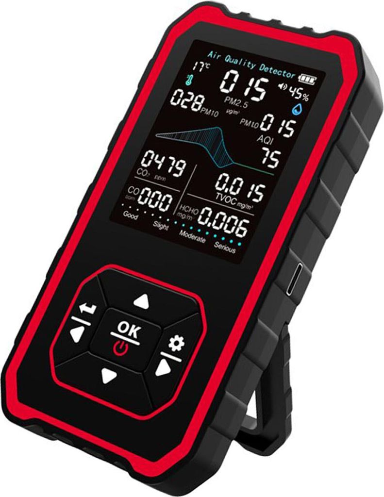 10-in-1-Monitor für CO2, PM2,5, HCHO, TVOC mit Lichtstrahlsensor, Echtzeit-Temperatur- und Feuchtigkeitsalarm, LCD-Display für Innenräume, schwarz