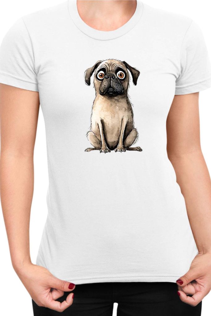 Damen T-Shirt Funny Dogs Breeds Pug Dog Breed 020, Lady XL / Weiß