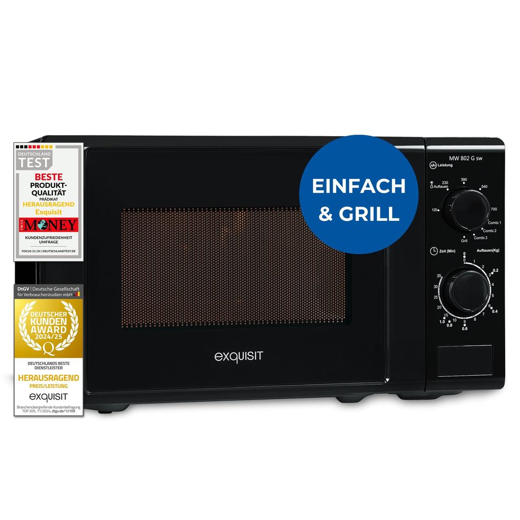 A black Exquisit microwave oven is shown against a white background, with several award badges and a blue circular overlay with text.