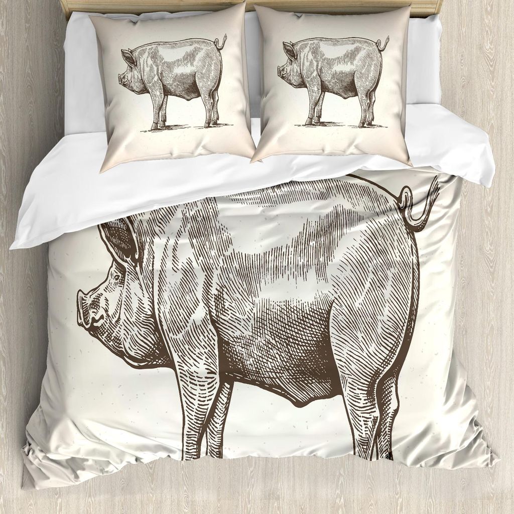 ABAKUHAUS Schwein Bettbezug Set, Weinlese-von Hand gezeichnete Illustration des ländlichen Ranch-Viehzucht-Themas des Schweines, 200 x 200 cm + 80...