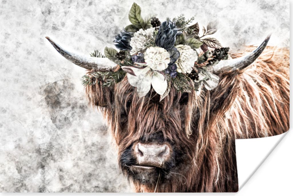 MuchoWow Poster Schottischer Highlander - Rauch - Bouquet 90x60 cm - Schlafzimmer