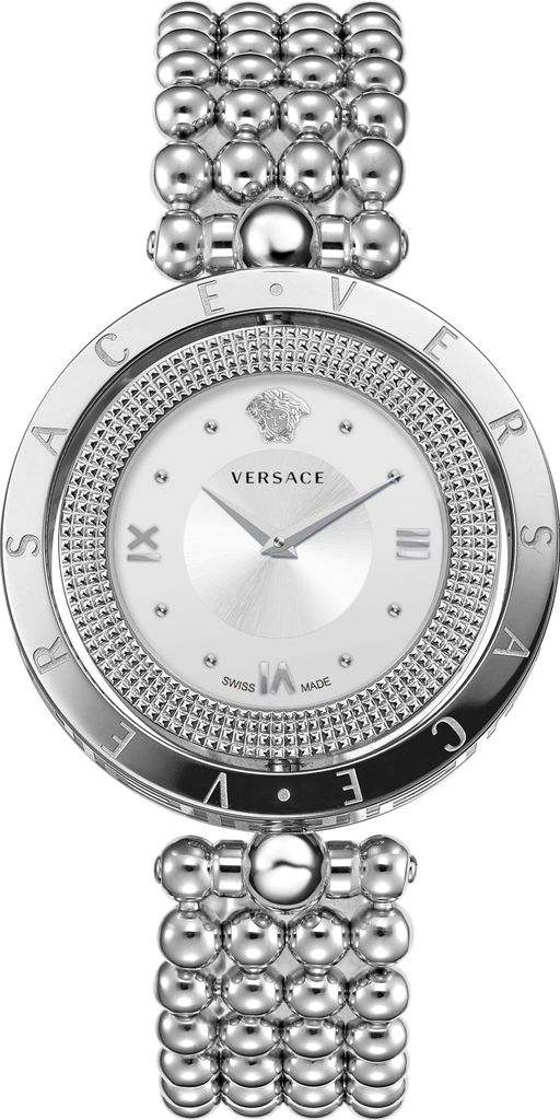 A product shot of a silver Versace watch with a white face, presented on a white background.