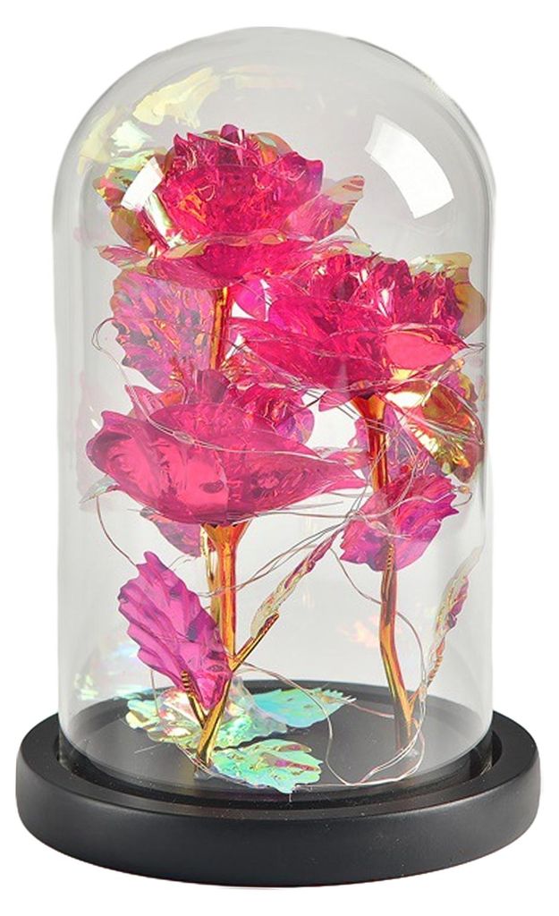Rosenförmige Glaskuppel mit Goldfolie und schwarzem Holzsockel – romantisches Geschenk zum Valentinstag, Geburtstag oder Jahrestag – auch als ...