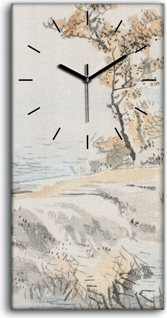 Wandbild Leinwand Bilder mit Uhr 30x60 Malerei Asiatische See Bäume Vogel Weg - schwarze Hände