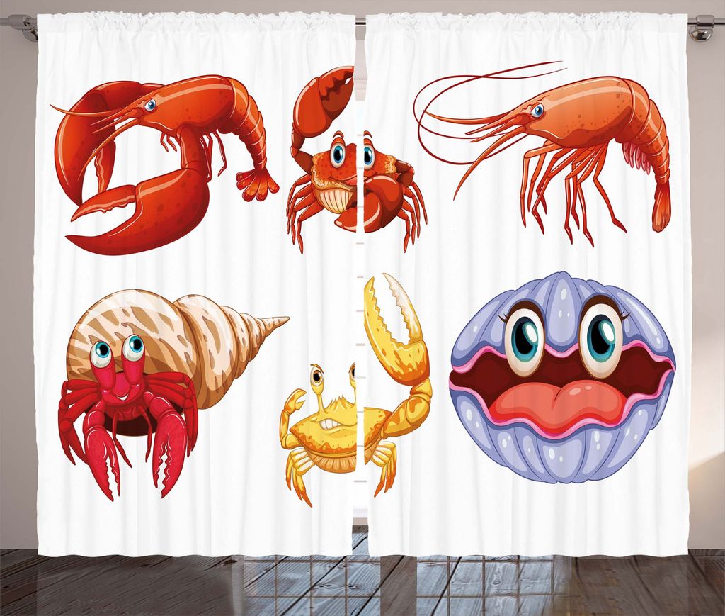 ABAKUHAUS Garnele Rustikaler Gardine, Crab Hermit Crab Hummer, Schlafzimmer Kräuselband Vorhang mit Schlaufen und Haken, 280 x 175 cm, Orange Gelb