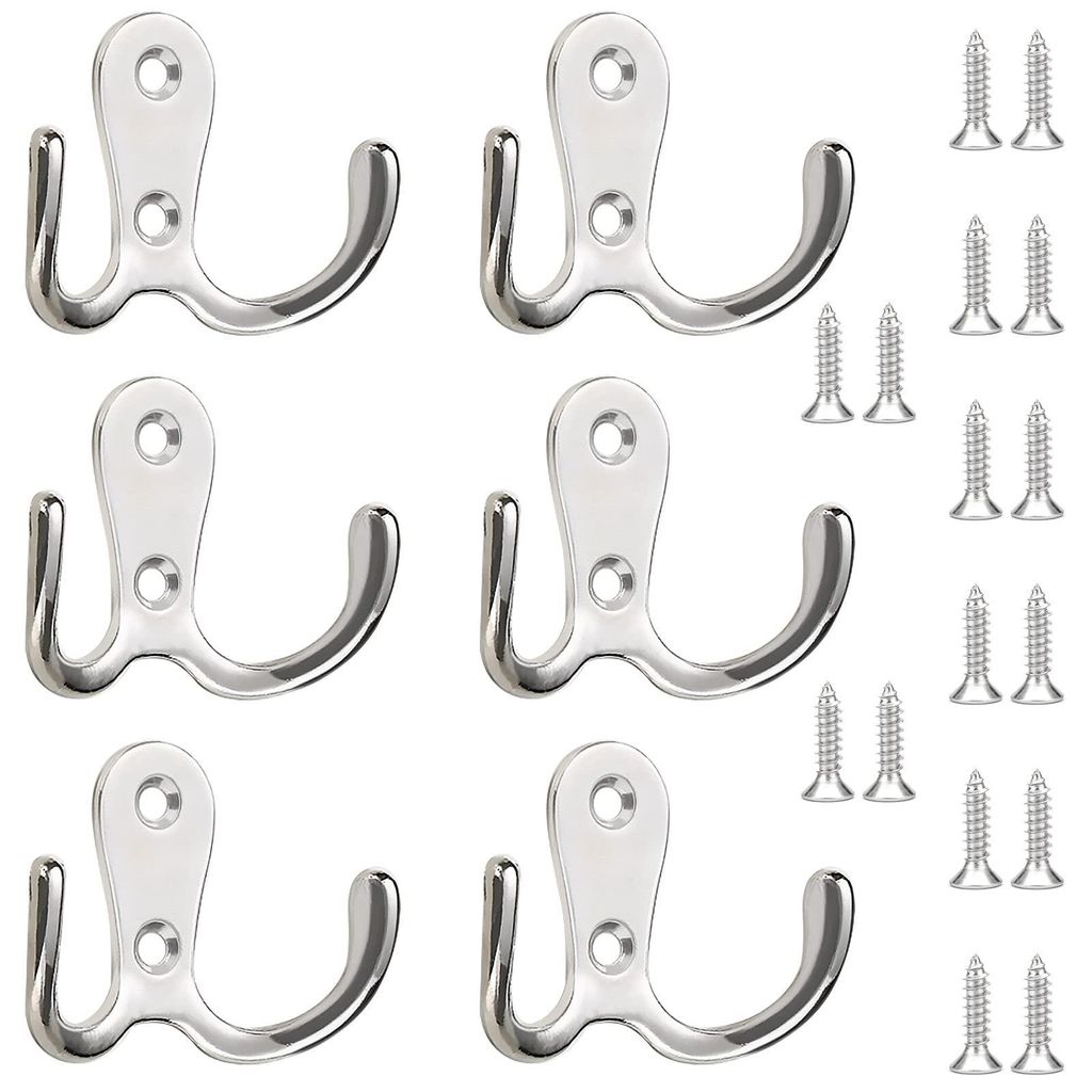 Doppelte Kleiderhaken, 6-teiliges silberfarbenes Kleiderhaken-Set mit 16 Schraubstangen, Vintage-Kleiderhaken für Badezimmer, Schlafzimmer, Garten...