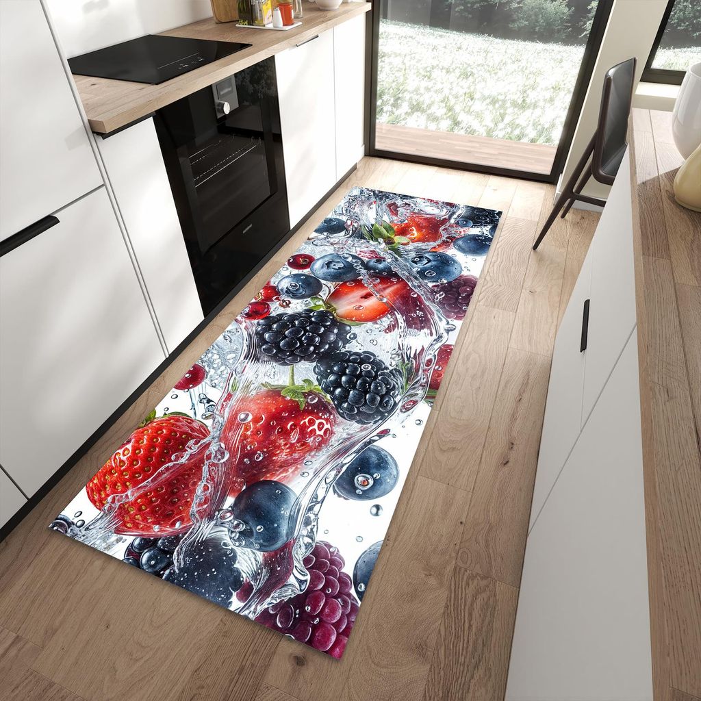 Küchenteppich 90x240cm rutschfest & abwischbar PVC Läufer - Beeren im Wasser