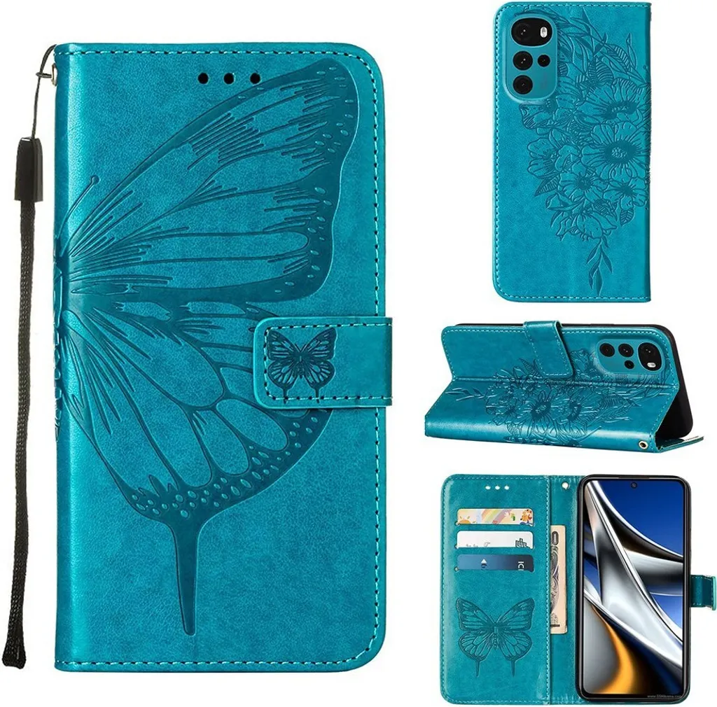 Custodia Moto G22 Farfalla Blu - Cover Portafoglio Pelle con Supporto