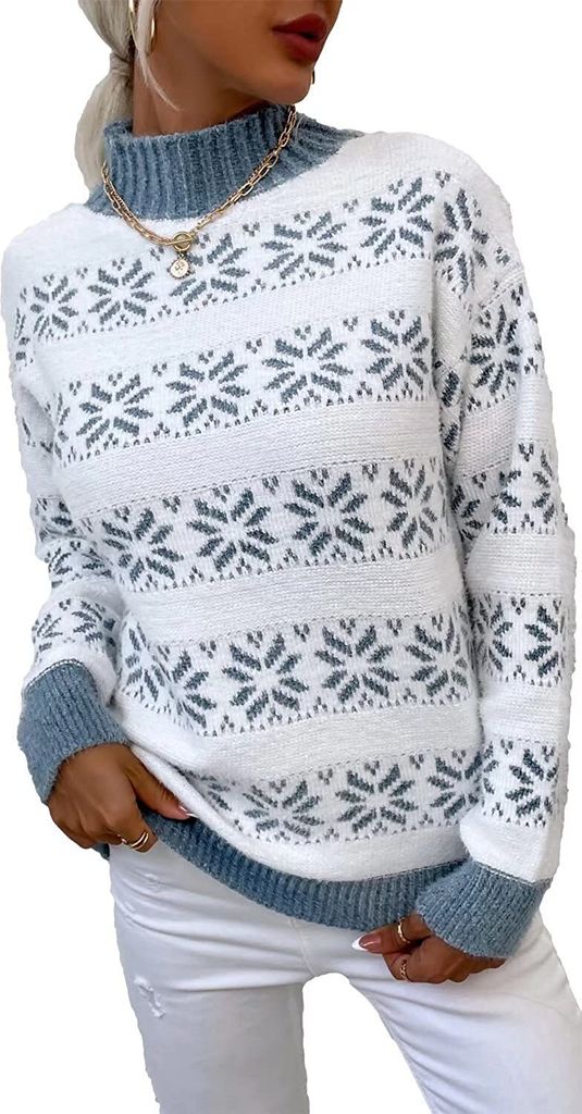 ASKSA Damen Weihnachten Pullover Strickpulli Hohem Kragen Langarm Jumper Sweater, B Blau, L