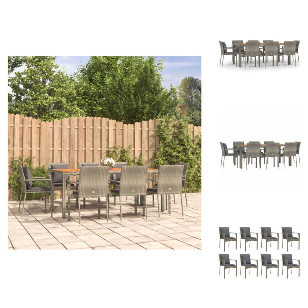 vidaXL 9-tlg. Garten-Essgruppe mit Kissen Grau Poly Rattan - Gartenmöbel-Sets