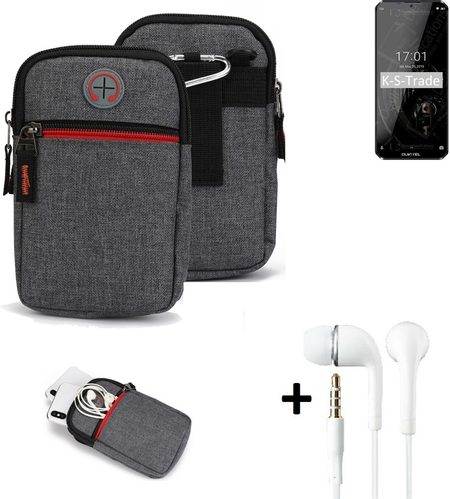 K-S-Trade Gürteltaasche + Kopfhörer kompatibel mit Oukitel K12 Handy Tasche Holster Schutz Hülle Handy Hülle grau Zusatzfächer 1x