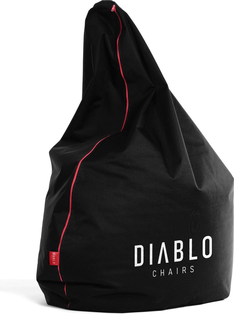 A black beanbag chair with a red accent line.