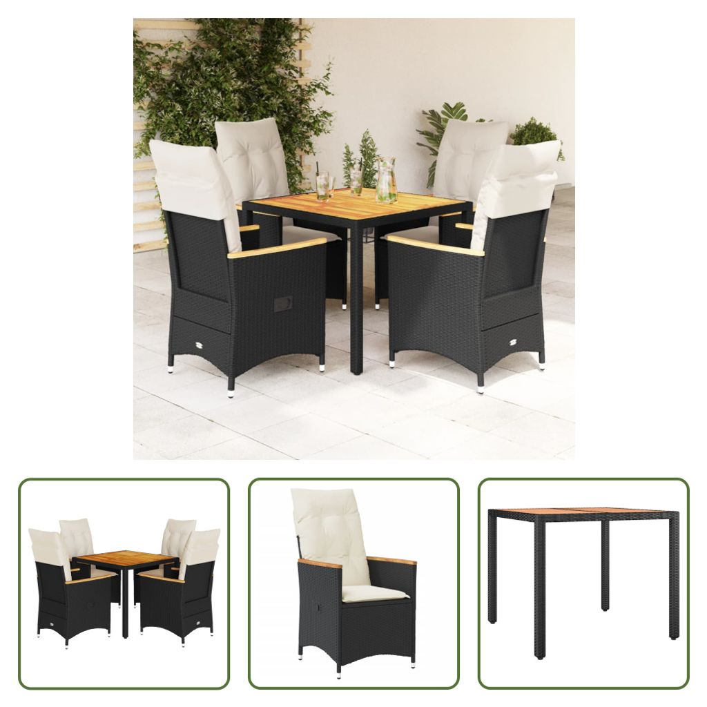 The Living Store 5-tlg. Garten-Essgruppe mit Kissen Schwarz Poly Rattan