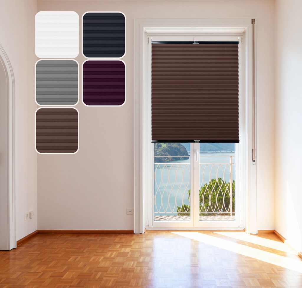 Thermo-Plissee Braun 80x120cm mit schwarzen Alu-Profilen, Klemm-Fix Halterung ohne Bohren