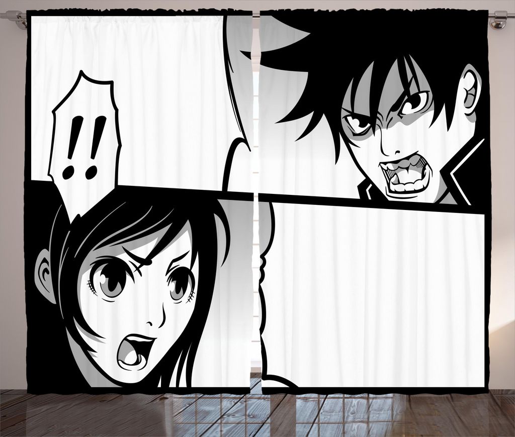 ABAKUHAUS Anime Rustikaler Vorhang, Japanese Cartoon Comic, Wohnzimmer Universalband Gardinen mit Schlaufen und Haken, 280 x 245 cm, Schwarz Weiß ...