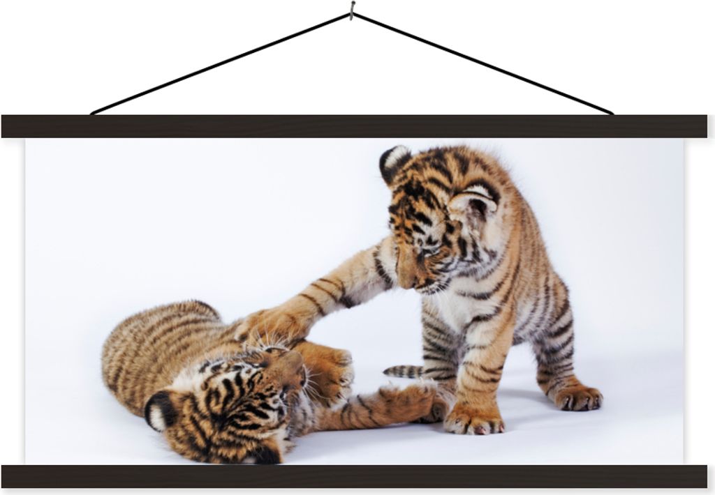 MuchoWow Textilposter Tiger - Jungtier - Weiß 90x45 cm mit schwarzem Rahmen - Klemmleisten