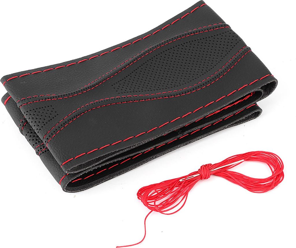 38 cm/15 Zoll Leder Lenkrad Wickelabdeckung Handnähte mit Nadel und Faden Universalblack Rot