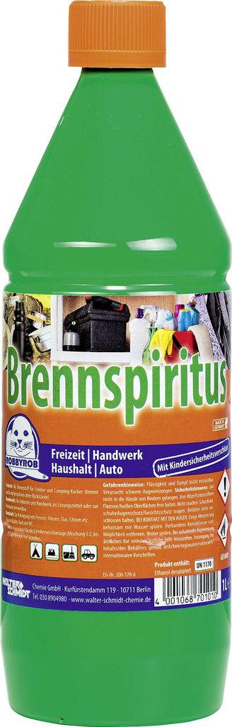 A green bottle of cleaning fluid with an orange cap.