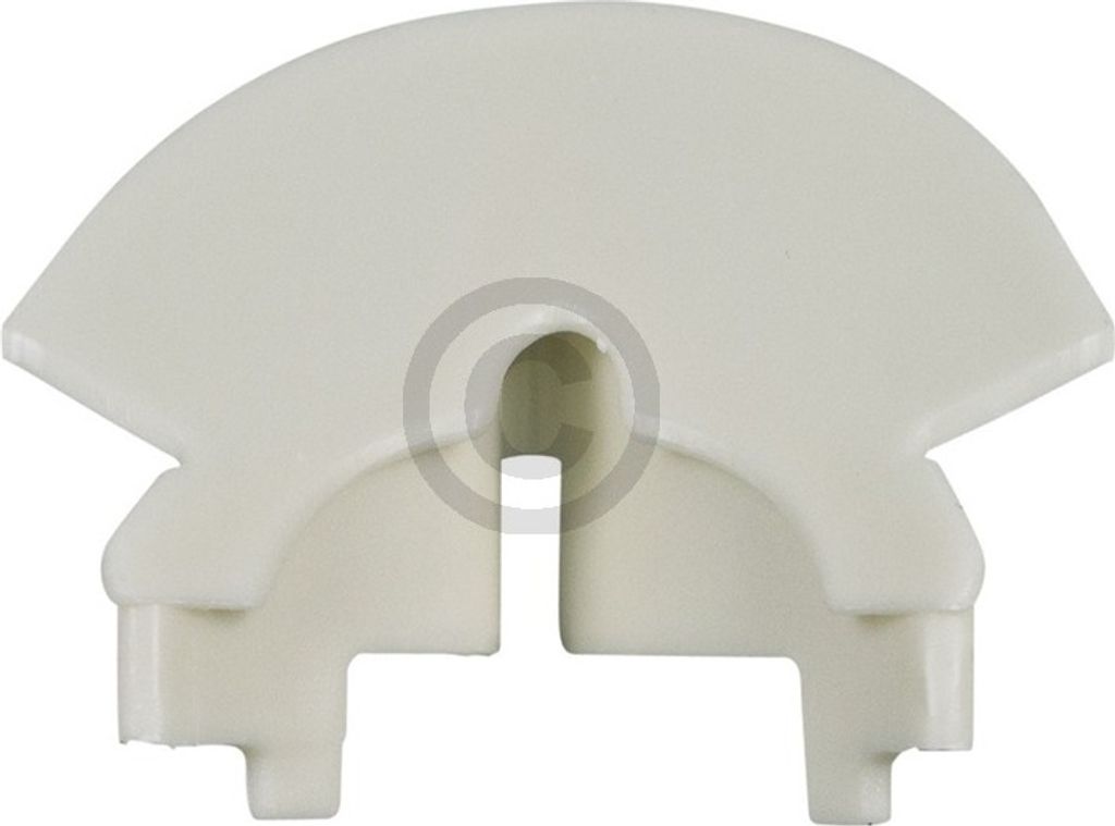 A white plastic part for a dishwasher.