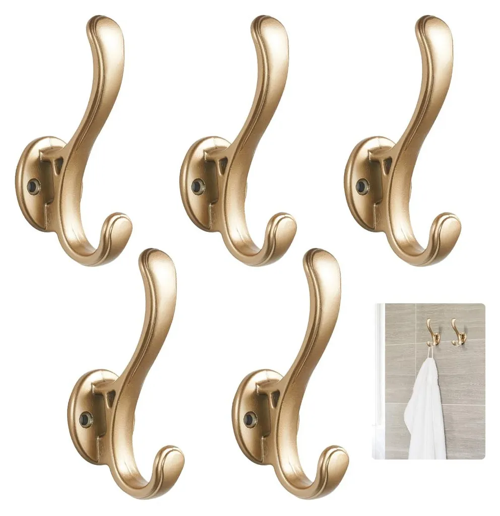 Patère murale double dorée contre le désordre : aluminium robuste x5
