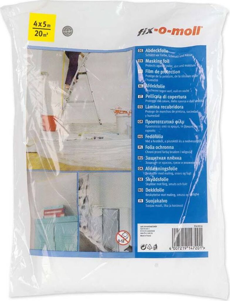 A plastic bag containing a roll of masking film, with images of its use on the packaging.