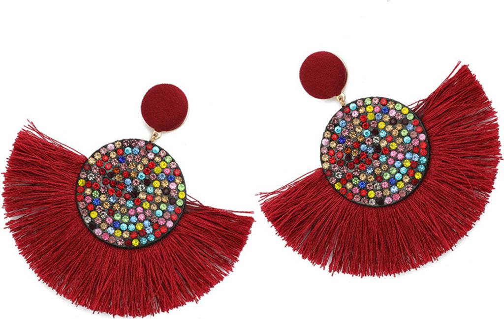 Böhmen Frauen Fan Form Quaste Strass Intarsien Ohrstecker Ohrringe Schmuck Geschenk-Dunkelrot