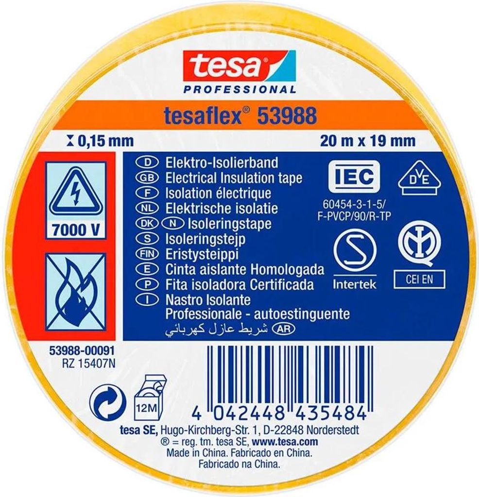 Tesa 53988 Isolierband 19 X20 M Gelb Gelb One Size