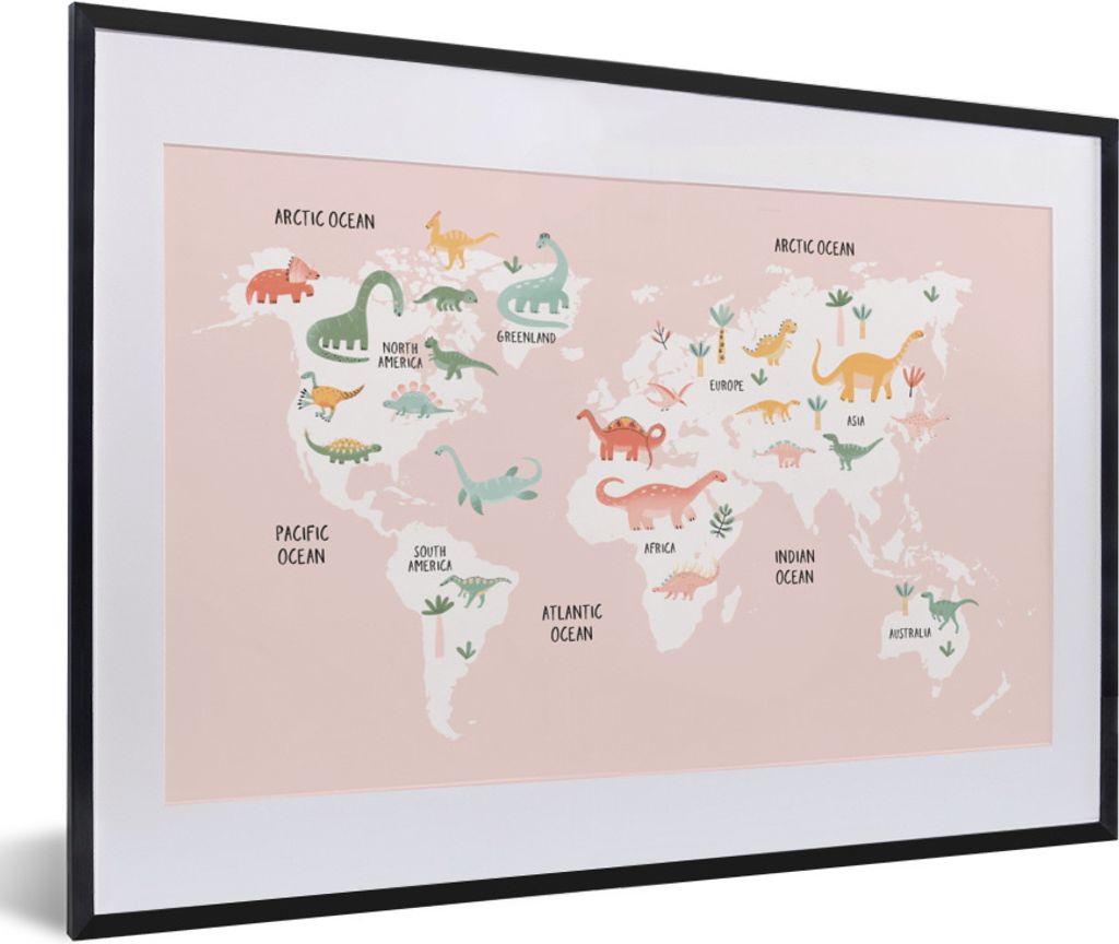 MuchoWow Gerahmtes Poster Weltkarte - Kinder - Dinosaurier 60x40 cm - Poster mit Schwarzem Bilderrahmen Wandposter Rahmen Foto Bilder - Schlafzim...