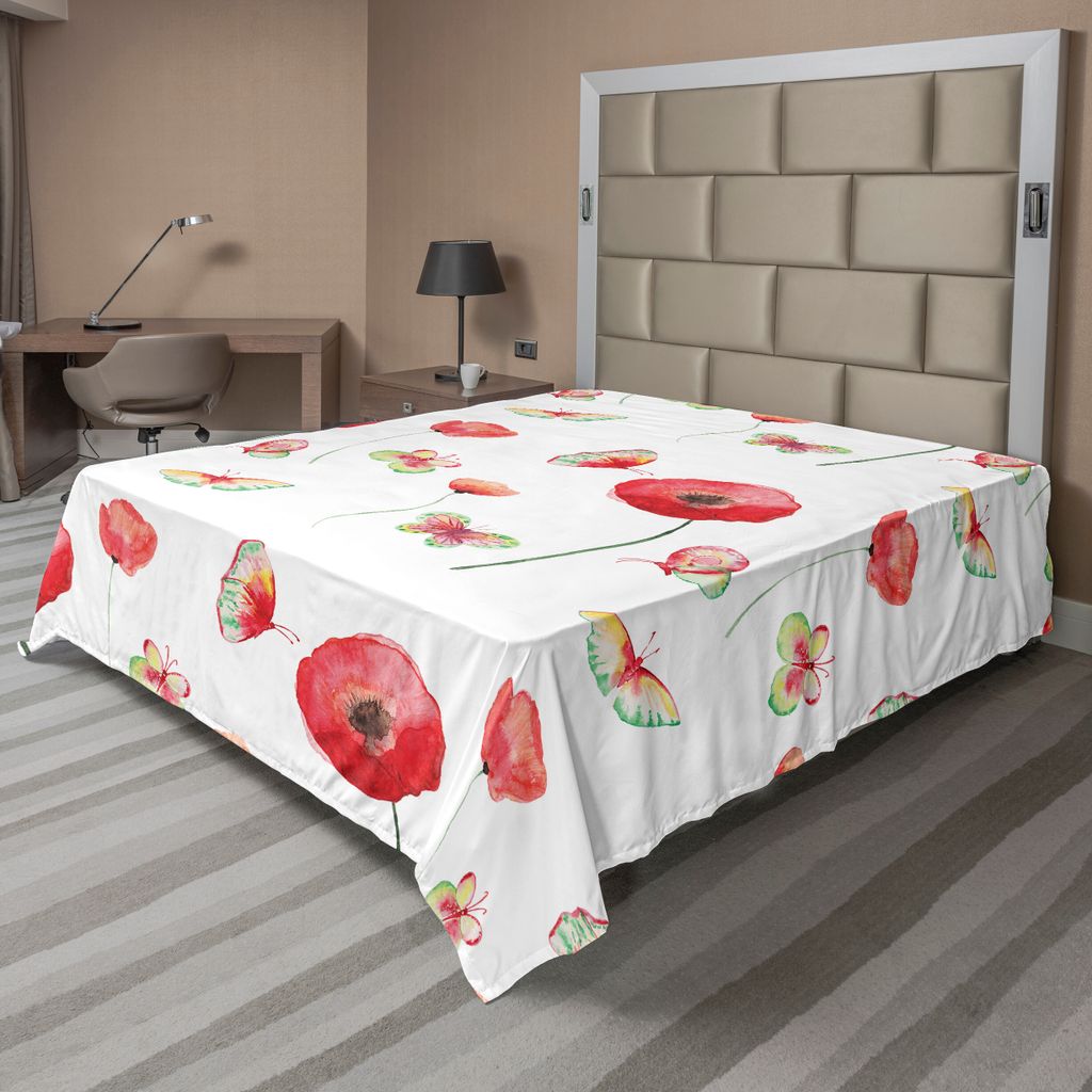 ABAKUHAUS Blume Bettlaken, Vintage Muster Mit Mohn Und Schmetterling Romantik Theman Illustration Art Druck, weiches bequemes oberes Bettlaken für...