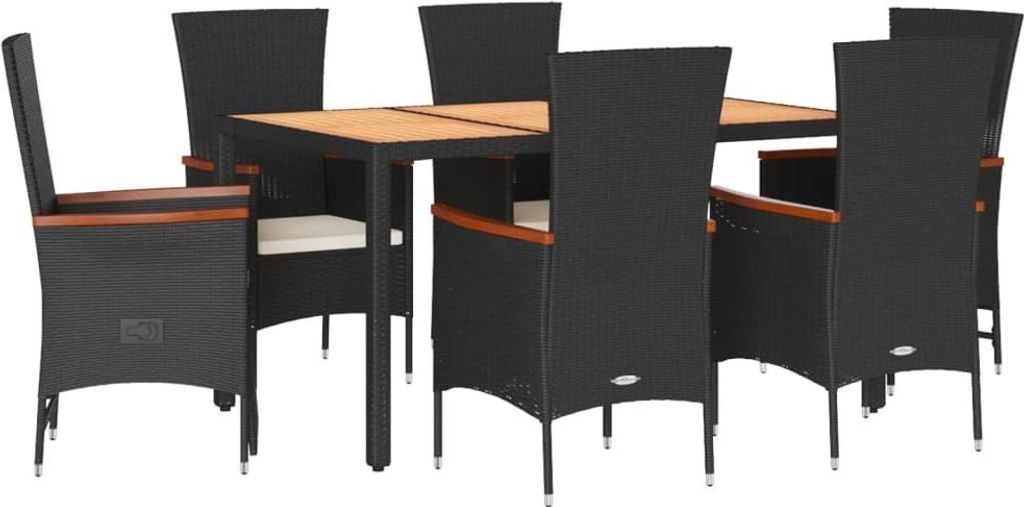 vidaXL 7-tlg. Garten-Essgruppe mit Kissen Schwarz Poly Rattan