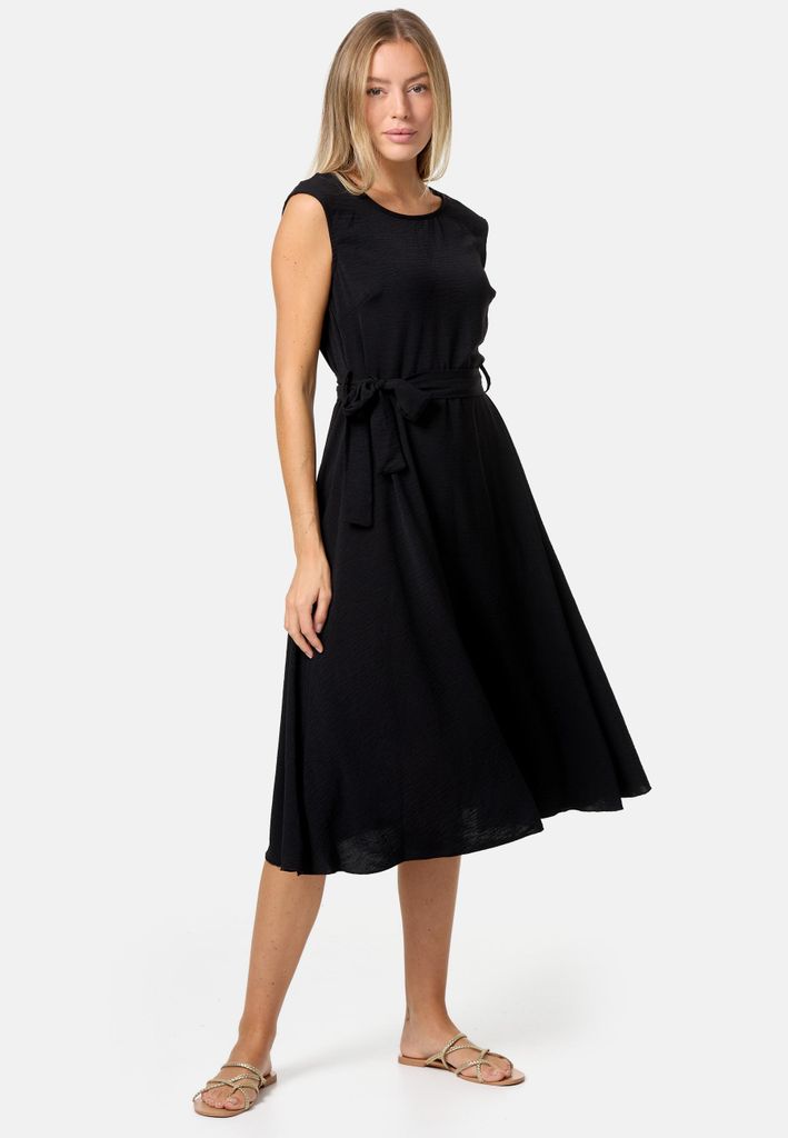 Rayshyne Feminines Damen Sommer Minikleid in A -Linie mit Gürtel ohne Ärmel Schwarz Einheitsgröße 34 - 38