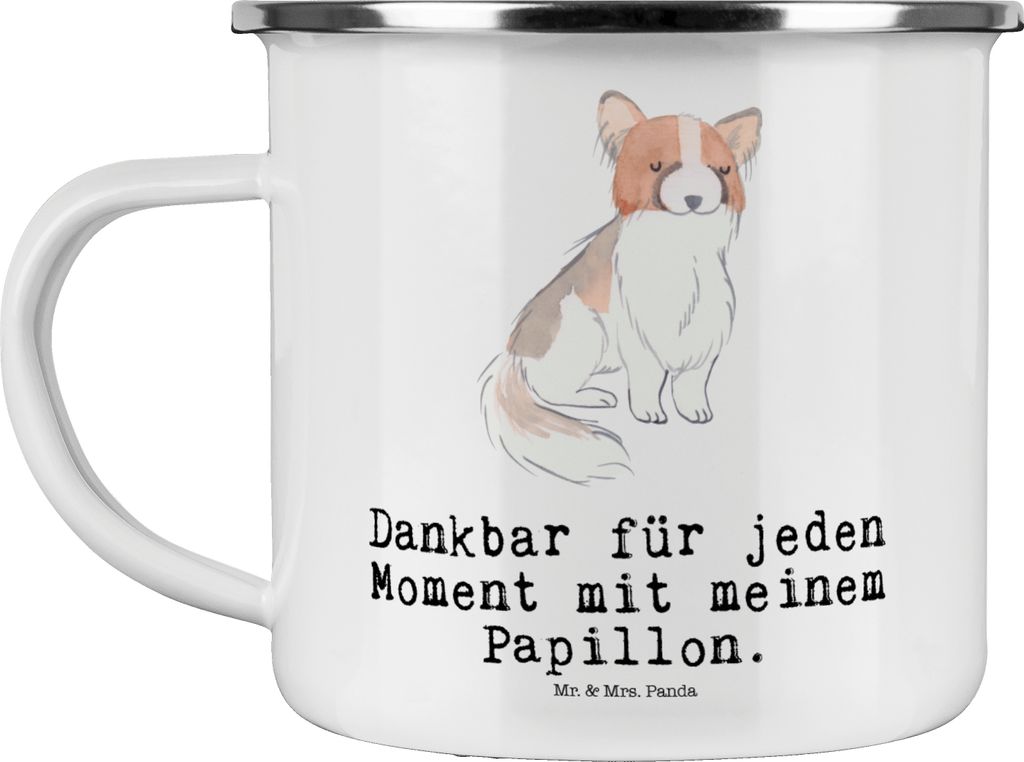 Mr. & Mrs. Panda Emaille Tasse Papillon Moment - Weiß - Geschenk, Kontinentaler Zwergspaniel, Pott, Haferl, becher, blechbecher, Teetasse