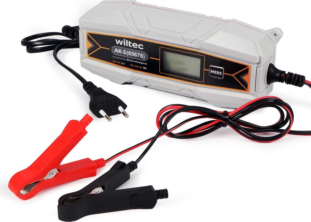 Wiltec Ladegerät 6-12 V, Batterieladegerät 4 A, 10-150 Ah für Autobatterie Kfz und Motorrad, intelligenter Lader mit Verpol-, Überlade- und Kur...