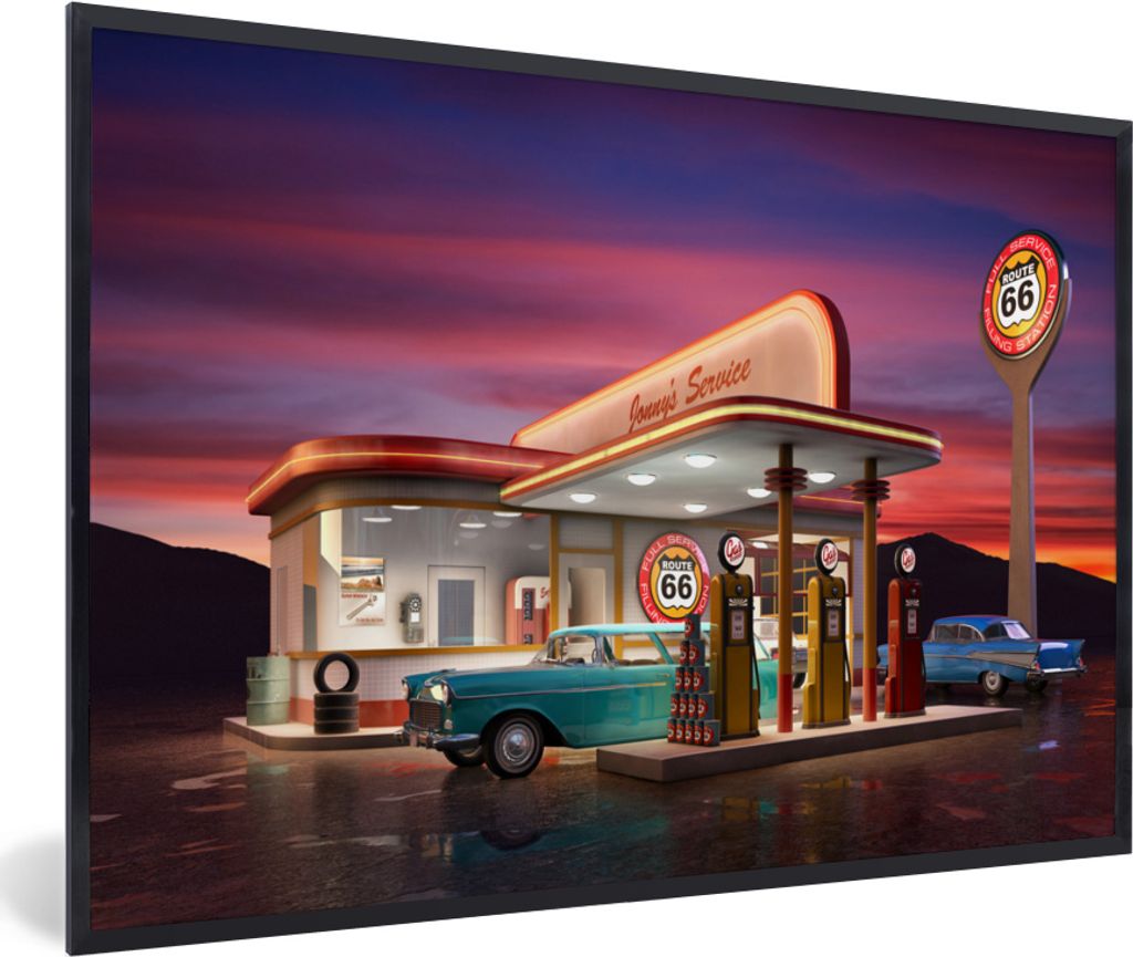 MuchoWow MuchoWow Gerahmtes Poster Tankstelle - Auto - Oldtimer 30x20 cm - Poster mit zchwarzem Bilderrahmen - Kunstdruck - Bild-Poster