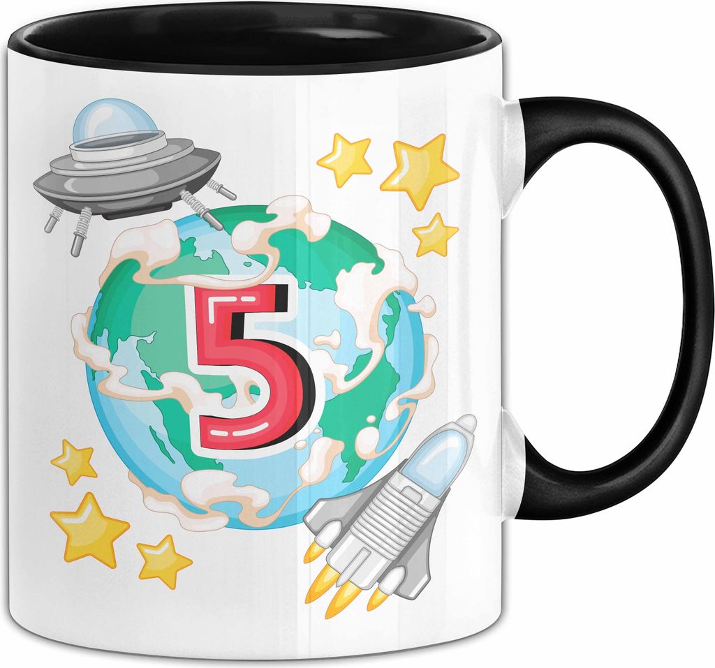 5. Geburtstag Geschenk Tasse Becher Jungs Mädchen Ufo Welt Galaxie (Schwarz)