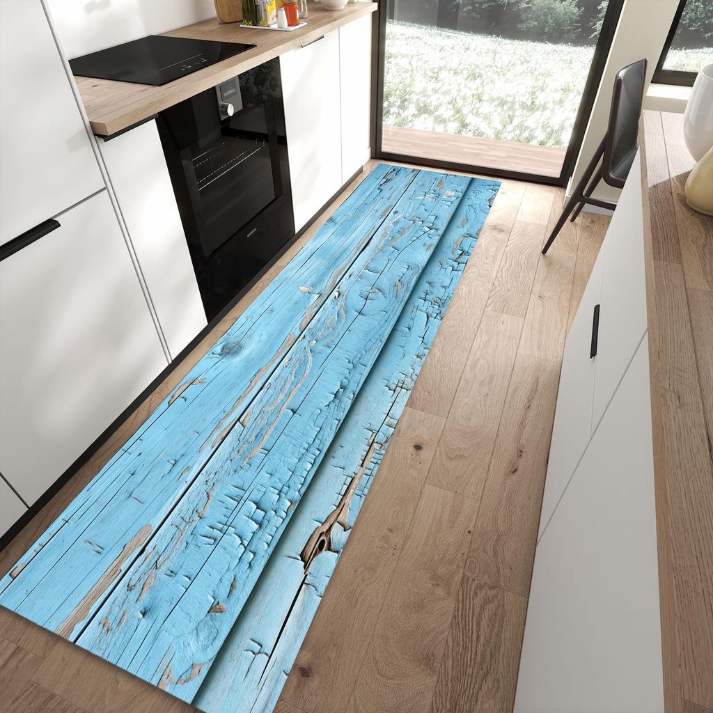 Küchenteppich 80x300cm rutschfest & abwischbar PVC Läufer - Altes Holzblau