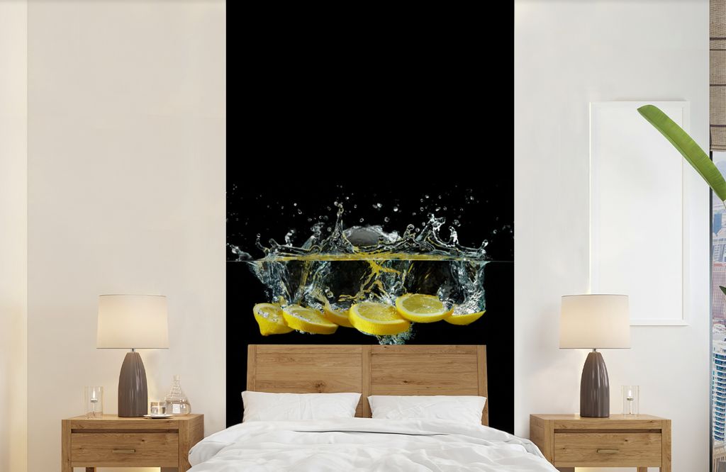 MuchoWow Fototapete für Wohnzimmer oder Schlafzimmer Wandtapete Vinyl Motivtapete Zitrone - Frucht - Gelb - Stilleben - Wasser - 120x240 cm - Hi...