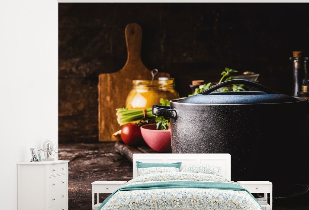 MuchoWow Fototapete für Wohnzimmer oder Schlafzimmer Wandtapete Vinyl Motivtapete Rustikal - Stilleben - Pfanne - Gemüse - 325x260 cm - Tapete